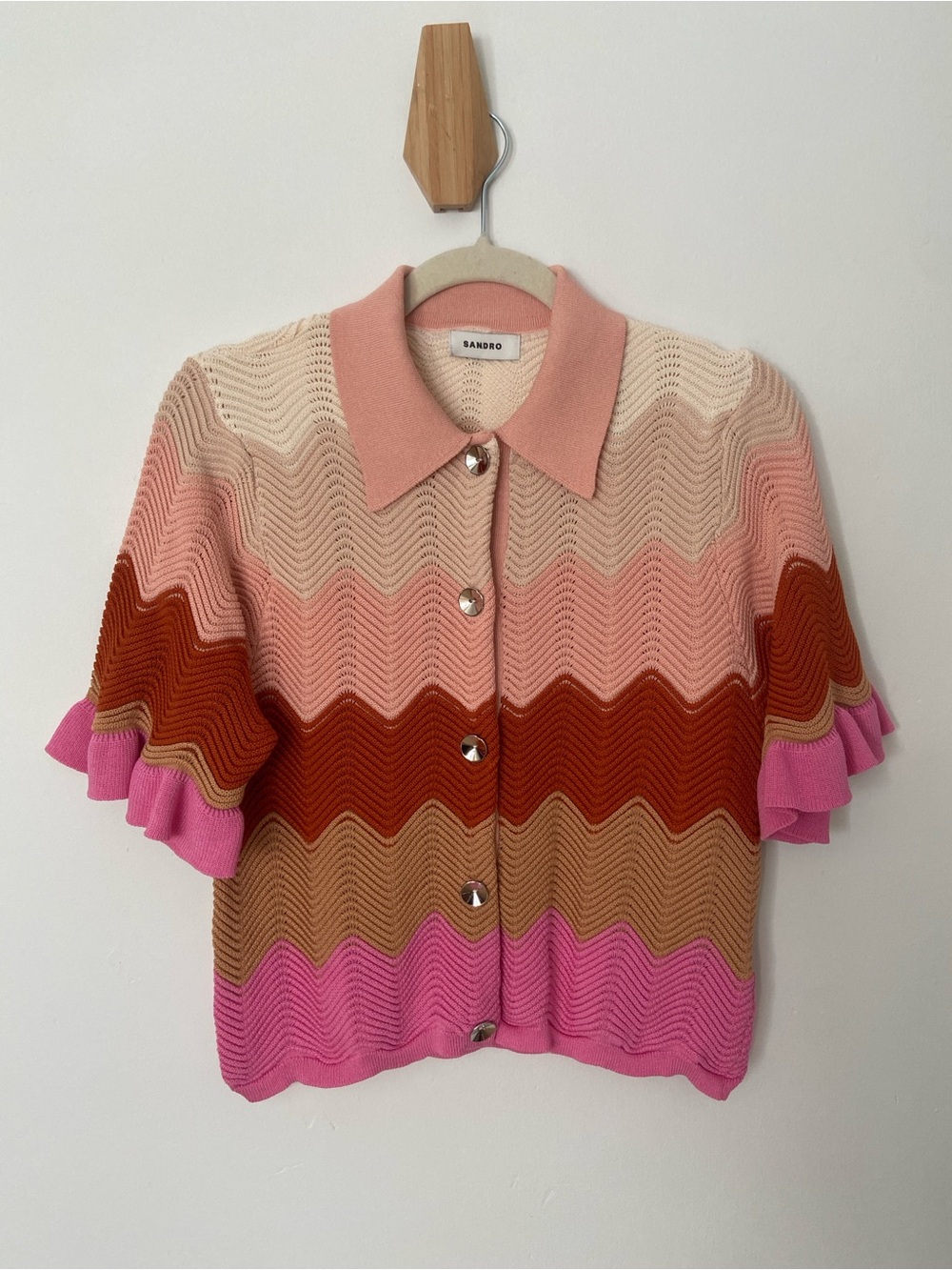Sandro NWT Amos Cardigan Knit Multicolour Button Up Cardigan Sweater Pink Brown